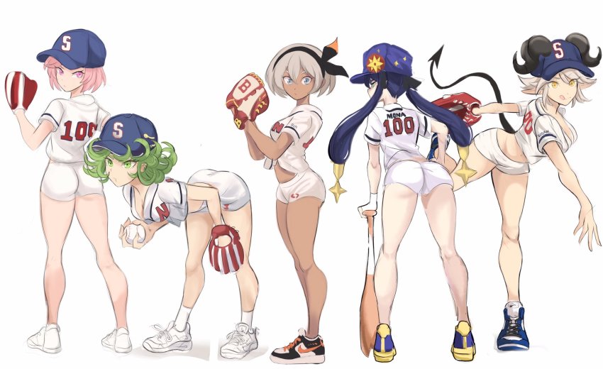 5girls, ass, baseball_bat, baseball_cap, baseball_glove, baseball_uniform, bea_(pokemon), bent_over, black_bow, black_hairband, blue_eyes, blue_hair, bow, breasts, choi_seol-hwa_(cosplay), cleavage, cosplay, crossover, dark-skinned_female, dark_skin, demon_tail, doki_doki_literature_club, genshin_impact, green_eyes, green_hair, hair_bow, hairband, hand_on_own_hip, hat, highres, horns, licking_lips, long_pointy_ears, medium_breasts, mona_(genshin_impact), multiple_girls, natsuki_(doki_doki_literature_club), nintendo, one-punch_man, open_hand, original, pear-shaped_figure, pink_eyes, pink_hair, pointy_ears, pokemon, pokemon_sword_and_shield, rakeemspoon, real_life, short_hair, shorts, sportswear, susan_(rakeemspoon), tail, tatsumaki, tongue, tongue_out, twintails, white_background, white_hair, white_shorts, yellow_eyes