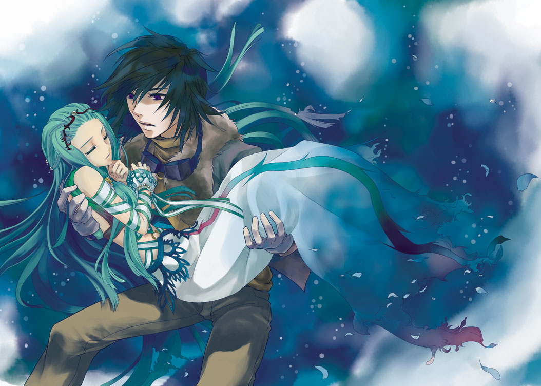 1boy, 1girl, aipheion, aqua_hair, black_hair, blue_background, carrying, couple