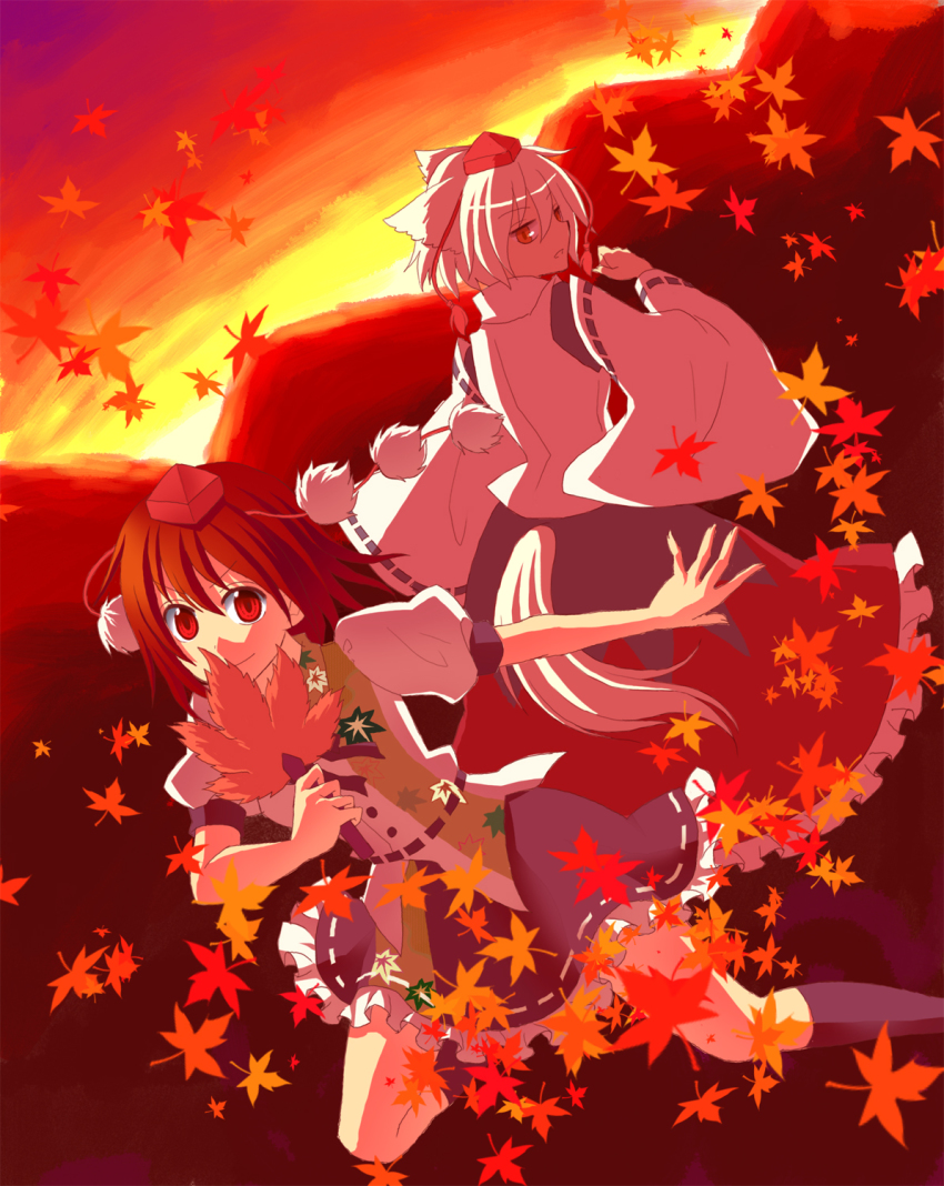 2girls, animal_ears, autumn_leaves, bad_id, bad_pixiv_id, black_hair, detached_sleeves, female_focus