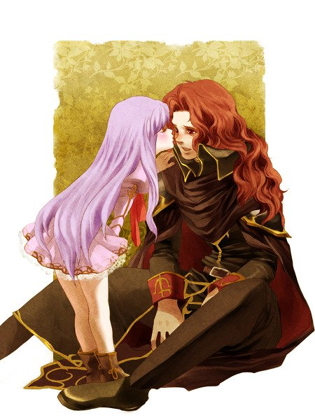 1boy, 1girl, arvis_(fire_emblem), father_and_child, father_and_daughter, fire_emblem, fire_emblem:_genealogy_of_the_holy_war, hetero, julia_(fire_emblem), kiss, kissing_nose, nintendo, parent_and_child, purple_hair, red_hair, smile, uncle_and_niece