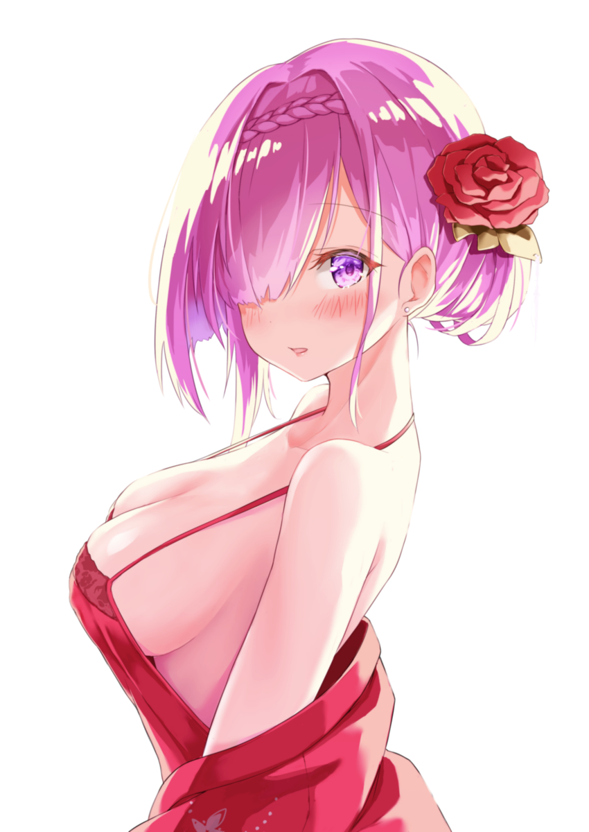 1girl, absurdres, azur_lane, bare_shoulders, bareback, breasts, classic_(zildjian33), cleavage, flower, from_side, hair_flower, hair_ornament, hair_over_one_eye, highres, looking_at_viewer, medium_breasts, nightgown, off_shoulder, official_alternate_costume, penelope_(azur_lane), penelope_(ruby-red_boudoir)_(azur_lane), pink_hair, purple_eyes, red_flower, simple_background, solo, upper_body, white_background