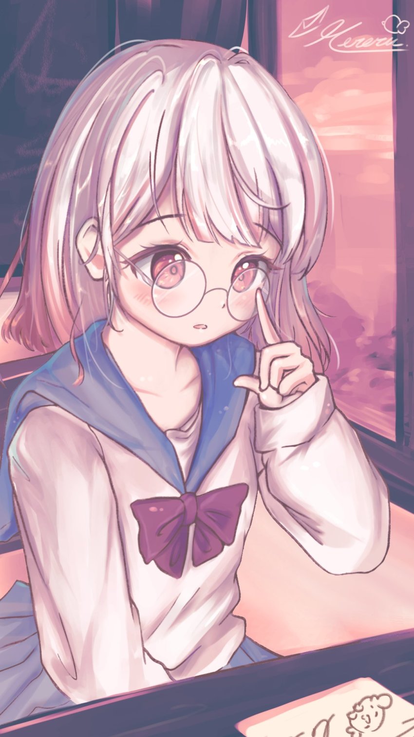 1girl, alternate_costume, artist_name, bespectacled, collarbone, flat_chest, glasses, hair_behind_ear