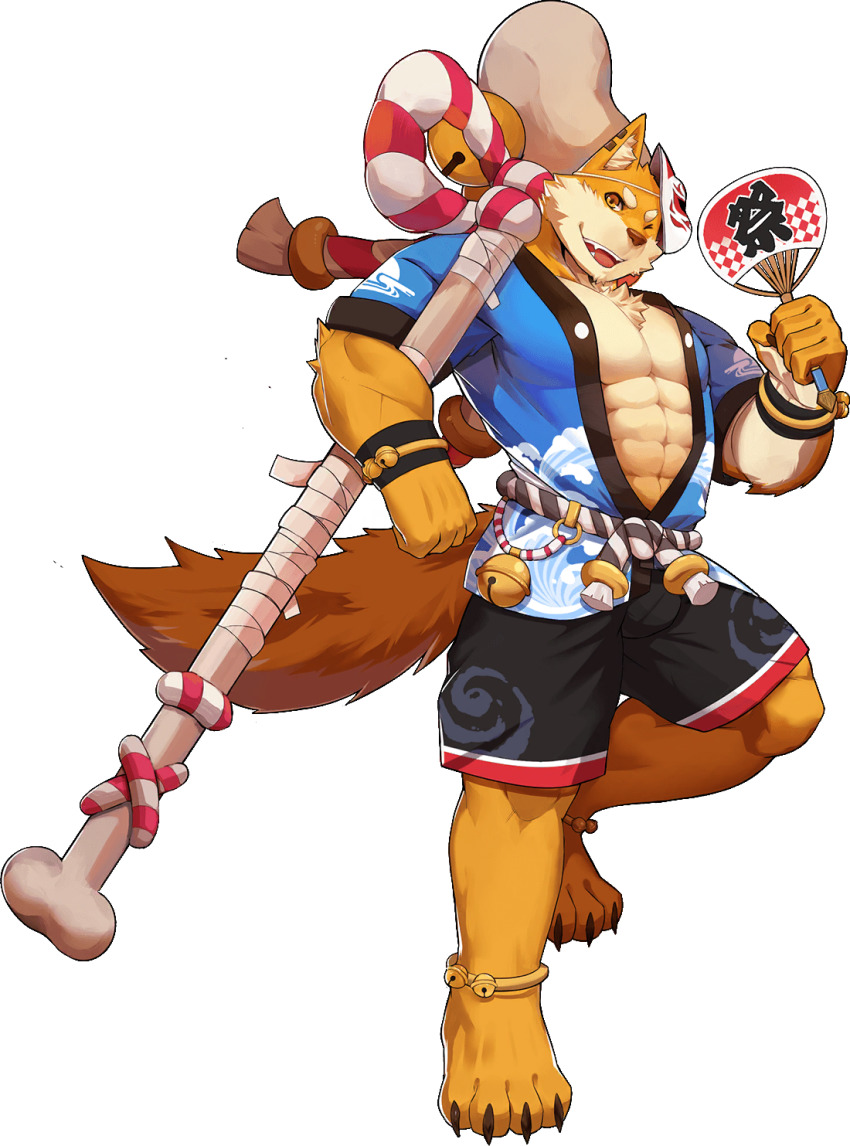 1boy, abs, animal_ears, bara, bare_pectorals, beige_fur, black_shorts, bone