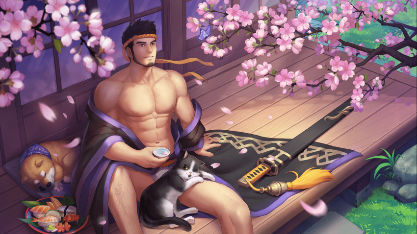 1boy, abs, artist_request, bara, bare_pectorals, bare_shoulders, beard, black_cat