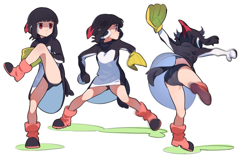 1girl, :t, action, adelie_penguin_(kemono_friends), ankle_boots, ass, ball, baseball, baseball_glove, black_dress, black_hair, black_panties, boots, commentary_request, dress, flat_ass, full_body, highres, holding, holding_ball, kemono_friends, nishiki_kazue, panties, pantyshot, penguin_girl, penguin_tail, pink_boots, pitching, playing_sports, red_eyes, serious, solo, tail, throwing, two-tone_dress, underwear, upskirt, white_dress