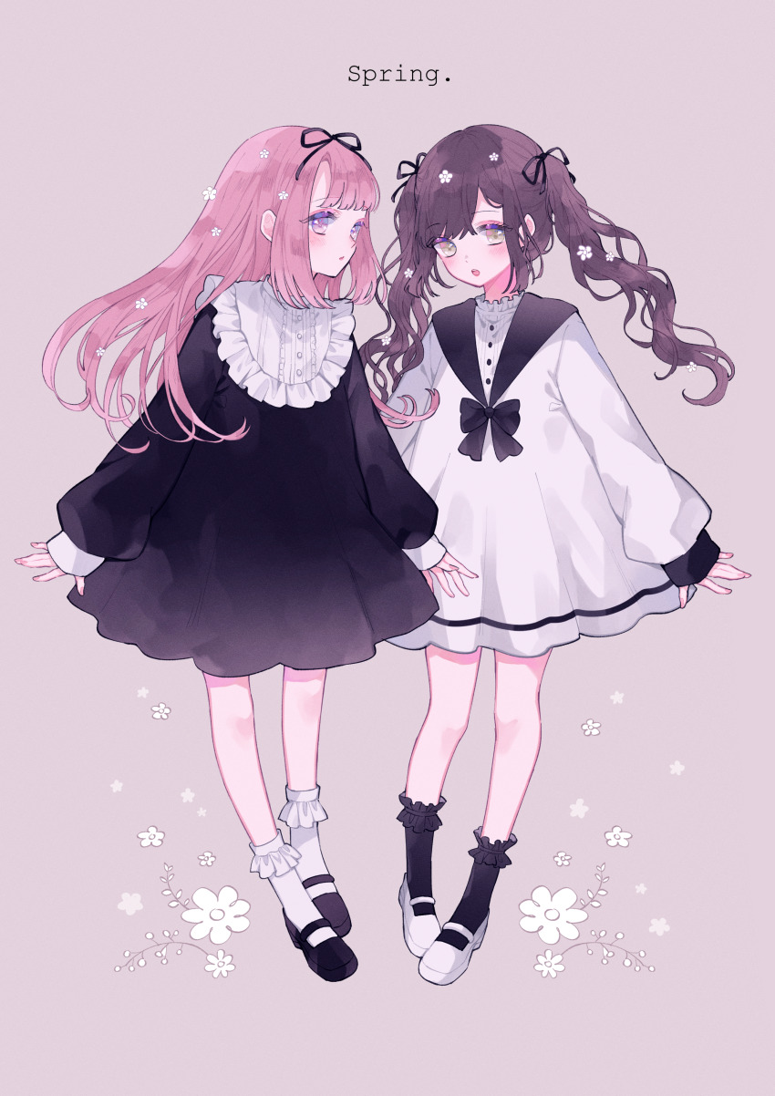 2girls, :o, absurdres, black_dress, black_legwear, black_ribbon, black_sailor_collar, black_shoes