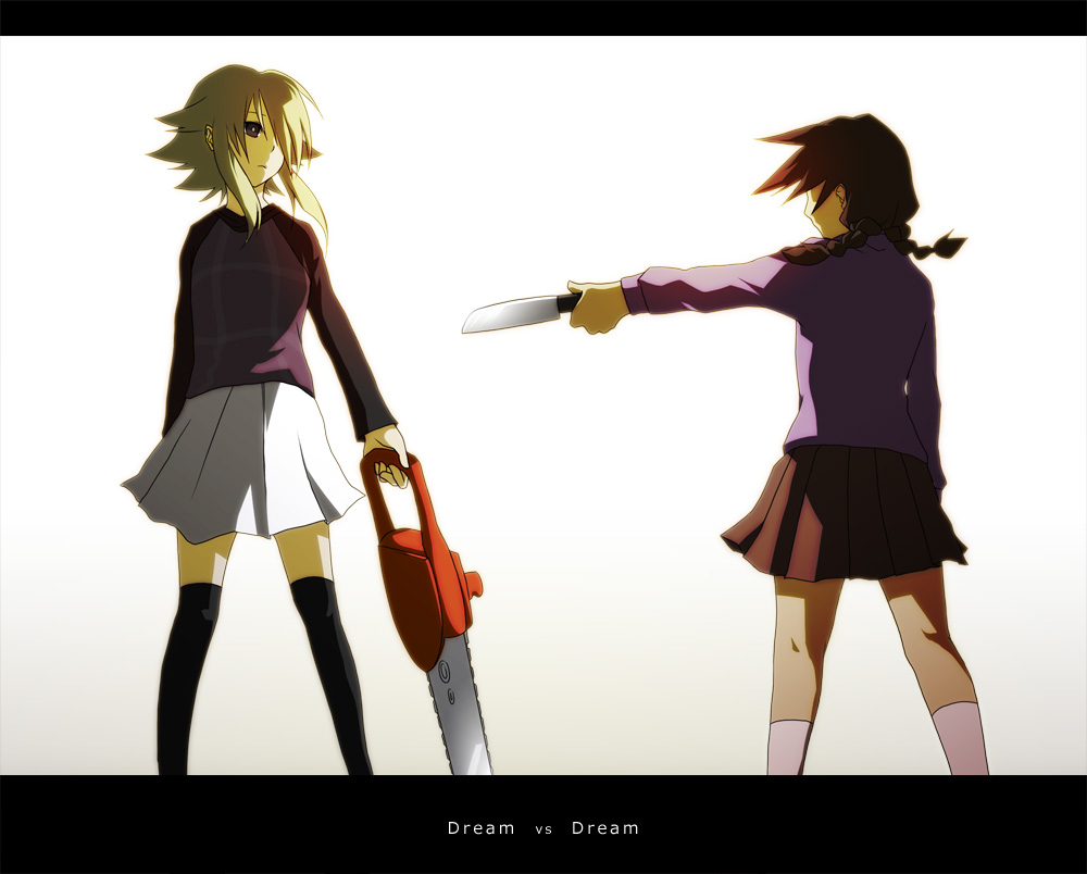 2girls, bad_id, bad_pixiv_id, blonde_hair, braid, brown_hair, chainsaw, crossover, dakkarubi, epic, kitchen_knife, kneehighs, knife, letterboxed, long_sleeves, madotsuki, multiple_girls, pointing_melee_weapon, short_hair, simple_background, socks, sweater, thighhighs, twin_braids, urotsuki, yume_2kki, yume_nikki, zettai_ryouiki