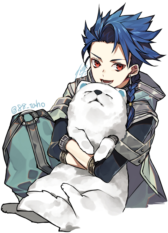 1boy, baby_animal, blue_hair, braid, closed_eyes, cu_chulainn_(fate), dog, earrings