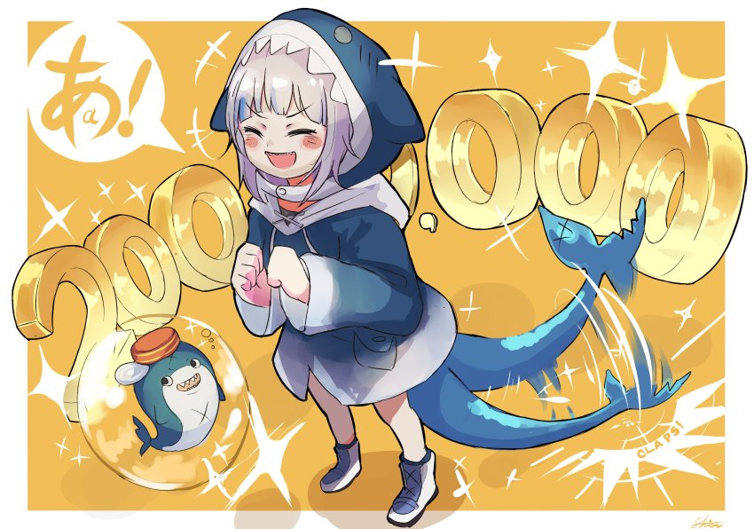 1girl, absurdres, afterimage, animal_hood, aster_drawing, black_eyes, bloop_(gawr_gura), blue_hair