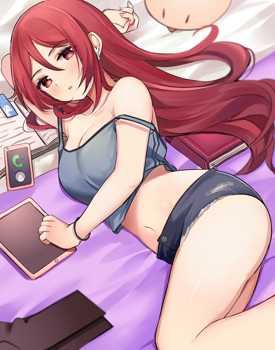 1girl, arm_up, armpits, ass, bare_arms, bare_legs, bare_shoulders, black_shorts, breasts, camisole, cellphone, cleavage, collarbone, crop_top, crop_top_overhang, cutoffs, denim, denim_shorts, earphones, grey_shirt, hair_between_eyes, highres, ipad, large_breasts, long_hair, looking_at_viewer, lying, micro_shorts, midriff, mingita_(ry_thae), navel, on_side, original, parted_lips, phone, red_eyes, red_hair, ry_thae, shirt, short_shorts, shorts, sleeveless, sleeveless_shirt, smartphone, solo, spaghetti_strap, stomach, strap_slip, tablet_pc, thighs