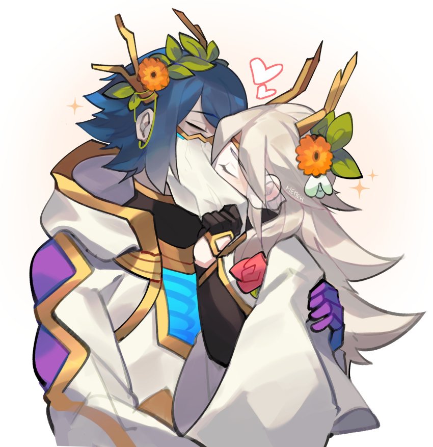 1boy, 1girl, blue_hair, closed_eyes, couple, fire_emblem, fire_emblem_heroes, flower