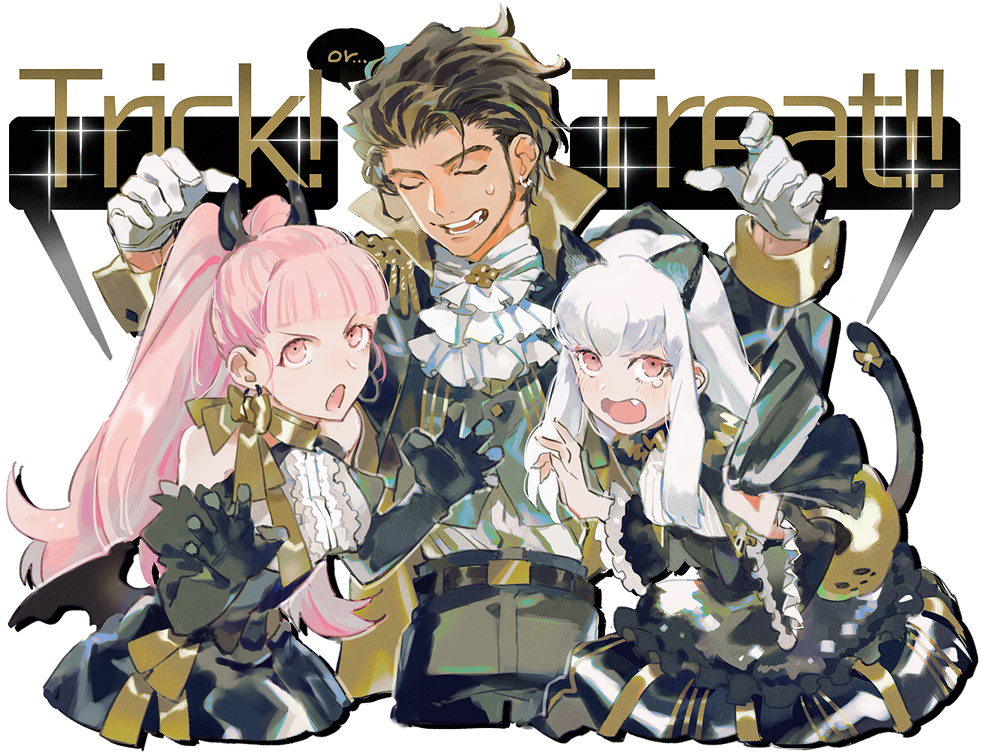 1boy, 2girls, animal_ears, belt, brown_hair, cat_ears, cat_tail, claude_von_riegan