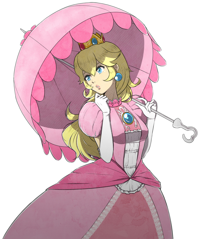 1girl, blonde_hair, blue_eyes, breasts, brooch, clenched_hand, crown, dress