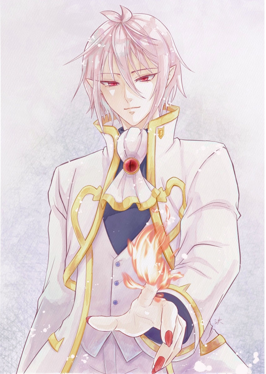 1boy, absurdres, asmodeus_alice, fire, formal_clothes, gold_trim, hair_between_eyes, highres, long_sleeves, mairimashita!_iruma-kun, male_focus, medium_hair, nail_polish, ninyao, pink_hair, pointy_ears, red_eyes, red_nails, simple_background, solo, standing, suit, upper_body, vest, white_neckwear, white_vest