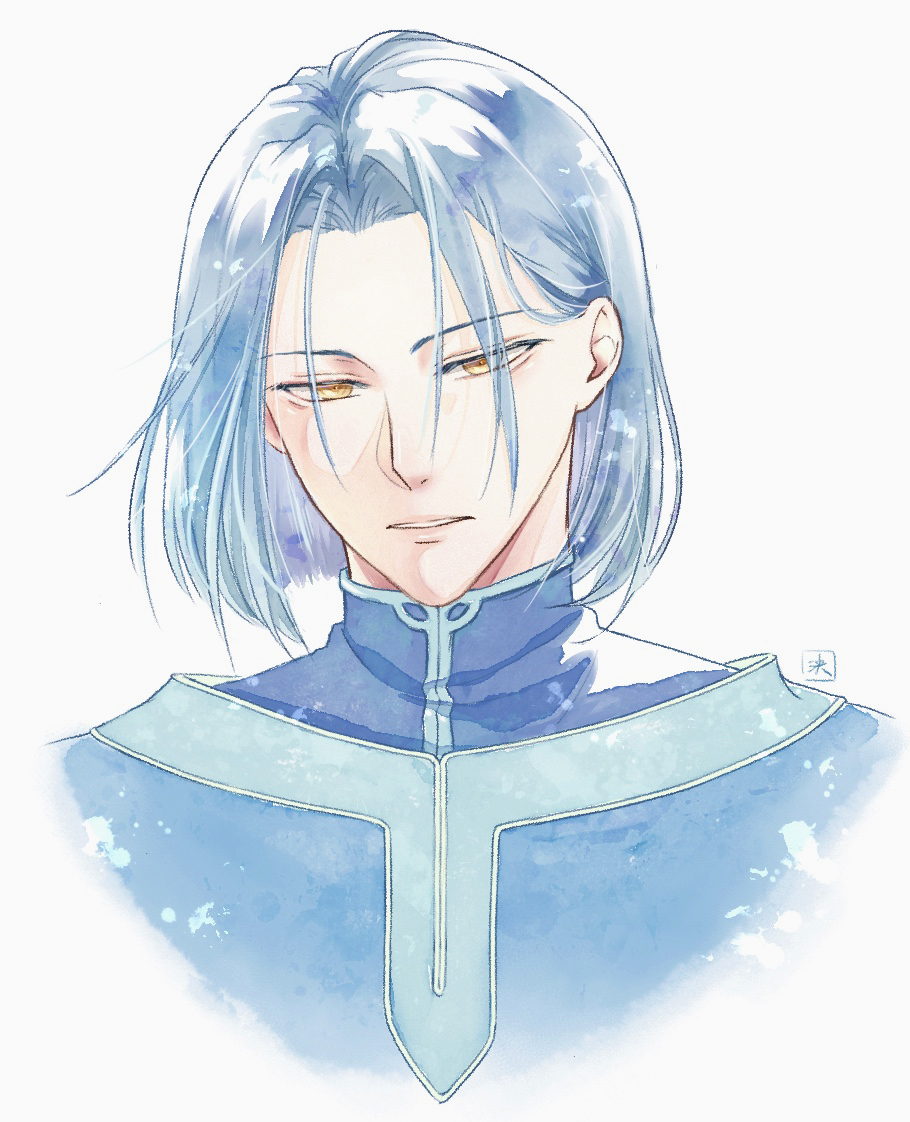 1boy, blue_hair, ferdinand_(honzuki_no_gekokujou), hair_over_one_eye, honzuki_no_gekokujou, male_focus, medium_hair, ninyao, portrait, robe, simple_background, solo, white_background, yellow_eyes