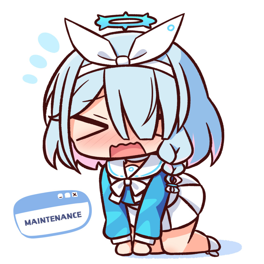 >_<, 1girl, all_fours, arona_(blue_archive), blue_archive, blue_hair, blue_shirt, blush