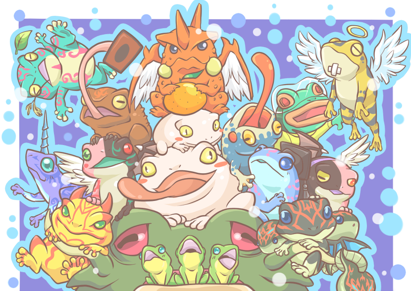 amphibian_angel_-_frog-hael, atusix, beelze_frog, blue_background, blush_stickers, border, bubble, d.3.s._frog, des_croaking, des_frog, duel_monster, dupe_frog, flip_flop_frog, frog, no_humans, poison_draw_frog, ronintoadin, submarine_frog, substitoad, swap_frog, t.a.d.p.o.l.e., toadally_awesome, too_many, too_many_frogs, tradetoad, treeborn_frog, unifrog, white_border, yu-gi-oh!