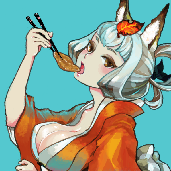 1girl, aburaage, animal_ears, breasts, brown_eyes, chopsticks, eating, eyeshadow