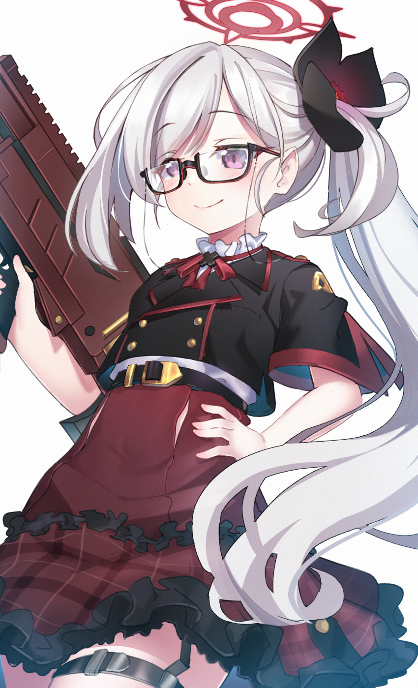1girl, \||/, absurdres, black-framed_eyewear, black_flower, black_jacket, blue_archive, blush, brown_skirt, closed_mouth, commentary_request, flower, frilled_skirt, frills, glasses, gun, hair_flower, hair_ornament, halo, hand_on_own_hip, highres, holding, holding_gun, holding_weapon, jacket, light_machine_gun, long_hair, looking_away, machine_gun, mutsuki_(blue_archive), plaid_clothes, plaid_skirt, pointy_ears, purple_eyes, sasatabekung, semi-rimless_eyewear, shirt, short_sleeves, side_ponytail, silver_hair, simple_background, skirt, smile, solo, under-rim_eyewear, very_long_hair, weapon, weapon_request, white_background, white_shirt, wide_sleeves