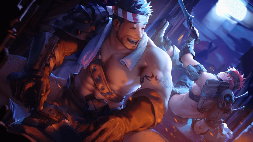 2boys, abs, arm_tattoo, artist_request, asymmetrical_sleeves, bara, bare_pectorals, beard