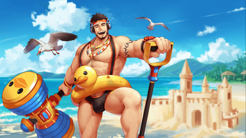 1boy, abs, arm_tattoo, artist_request, bara, bare_pectorals, beach, beard