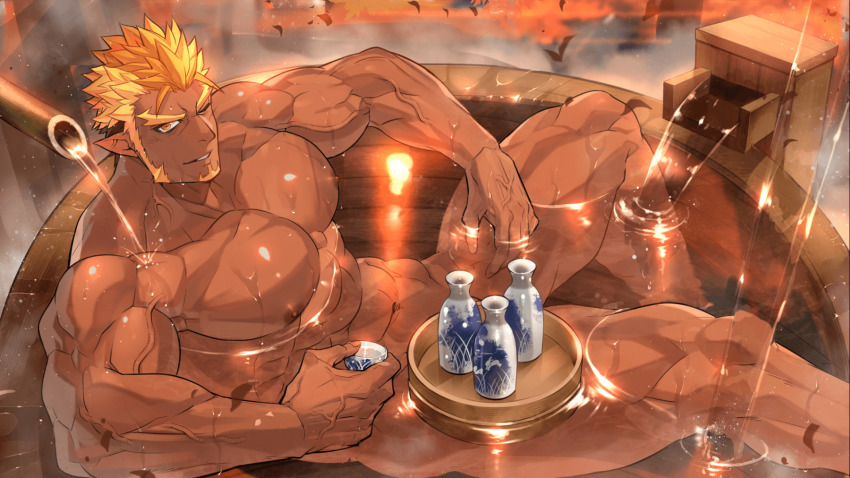 1boy, abs, bamboo_steamer, bara, blonde_hair, brown_hair, bursting_pectorals, completely_nude, convenient_censoring, dark-skinned_male, dark_skin, facial_hair, foot_out_of_frame, goatee, gyee, highres, large_pectorals, long_sideburns, male_focus, mature_male, muscular, muscular_legs, muscular_male, navel, nikism, nipples, nude, official_art, official_wallpaper, one_eye_closed, onsen, orange_eyes, orange_hair, pectorals, pointy_ears, raikoh_(paradiso_guardian), shiny_skin, short_hair, sideburns, sitting, solo, spread_legs, steam, stomach, thighs, veins, wet, wooden_floor