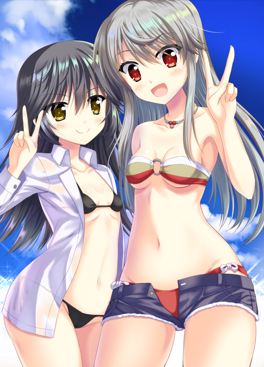 2girls, alice_gear_aegis, bead_necklace, beads, bikini, bikini_under_clothes, black_bikini, black_hair