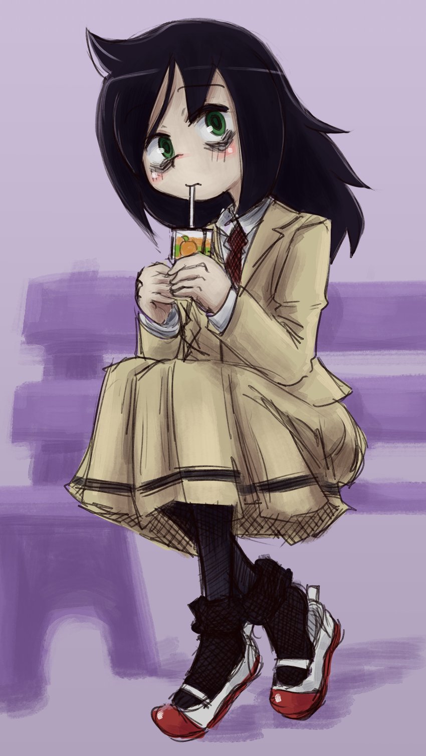 1girl, absurdres, drink_carton, drinking, highres, juice_box, kuroki_tomoko, purple_background, shrums, sitting, watashi_ga_motenai_no_wa_dou_kangaetemo_omaera_ga_warui!