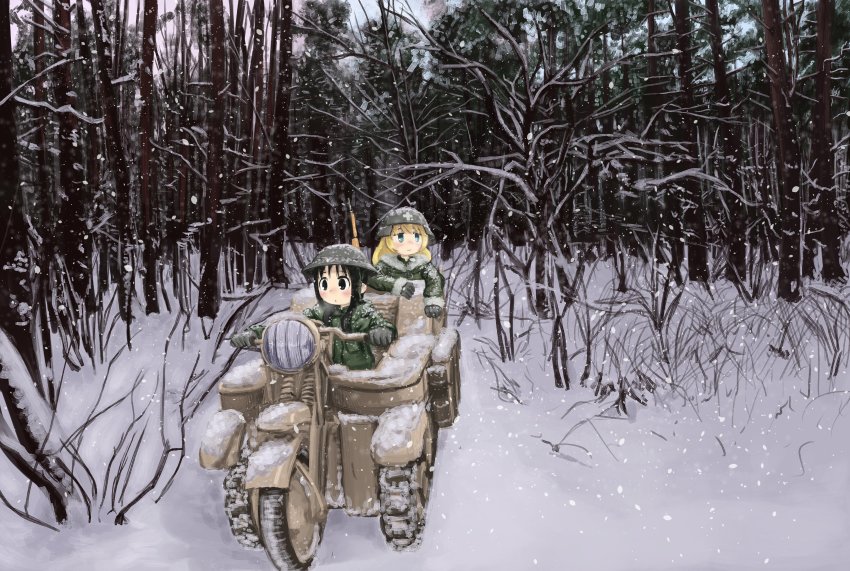2girls, absurdres, chito_(shoujo_shuumatsu_ryokou), helmet, highres, multiple_girls, shoujo_shuumatsu_ryokou, shrums