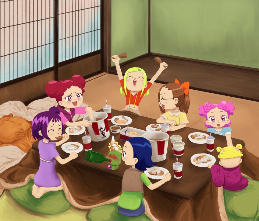 6+girls, absurdres, asuka_momoko, baby, bucket, chicken_(food), dinner, eating