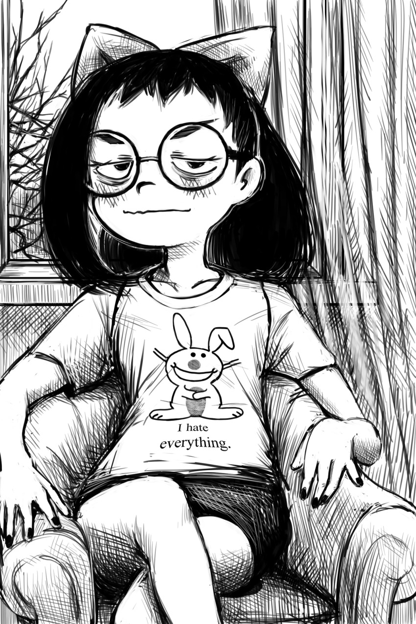 curtains, eyeliner, fujiwara_hazuki, glasses, highres, makeup, monochrome, nail_polish, ojamajo_doremi, shirt, shrums, t-shirt, tree