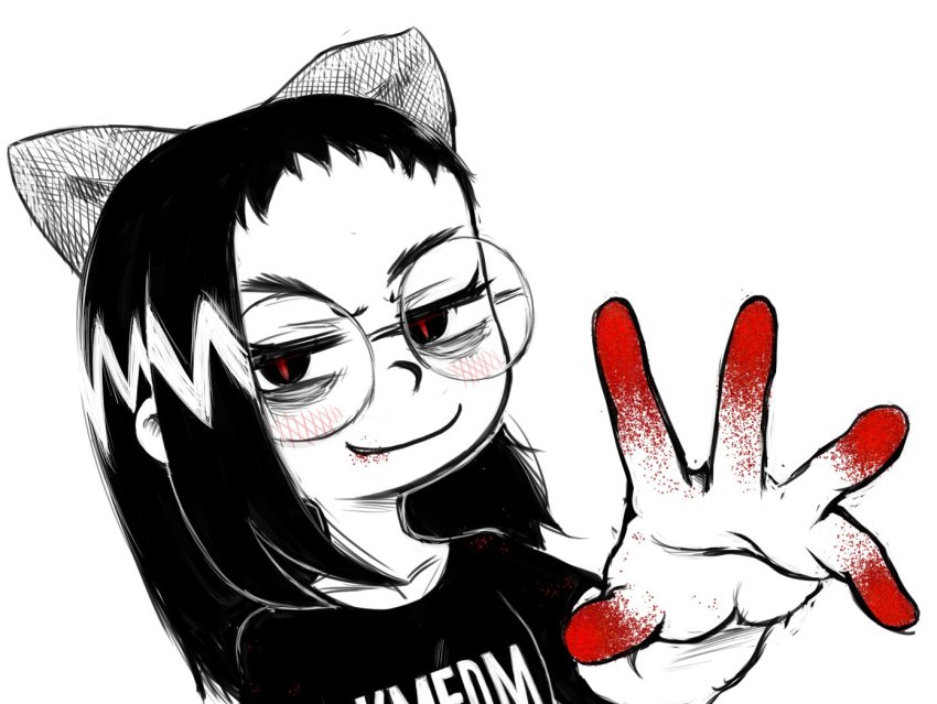 band_shirt, cheeto_dust, cheetos, dust, fujiwara_hazuki, goth_fashion, hand_up, kmfdm