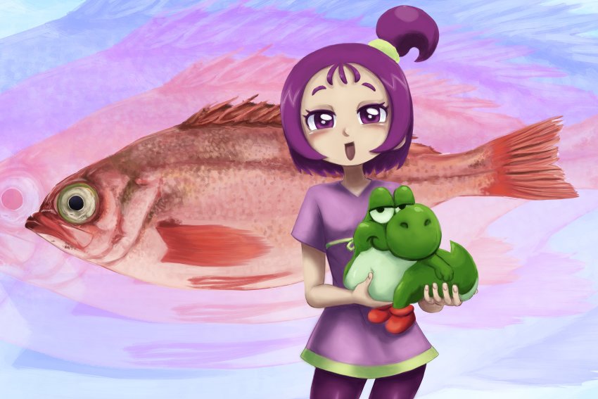 1girl, 4chan, :d, absurdres, baby_yoshi, bike_shorts, fish, highres