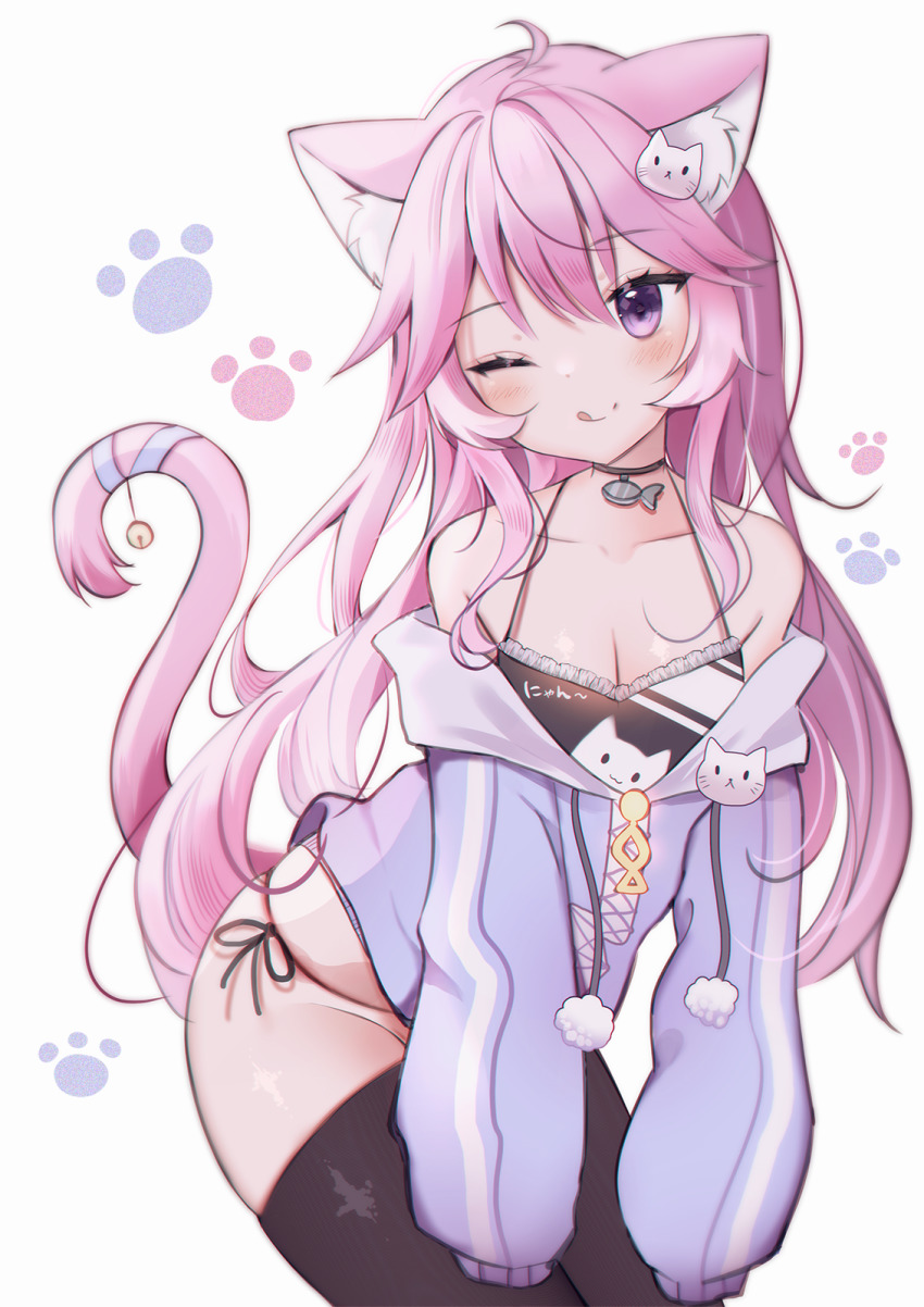1girl, ;p, ahoge, animal_ears, anyuu, bare_shoulders, bent_over, black_tank_top, black_thighhighs, blue_jacket, bow, cat_ears, cat_girl, cat_hair_ornament, cat_tail, choker, collarbone, hair_between_eyes, hair_ornament, highres, jacket, long_hair, long_sleeves, looking_at_viewer, no_pants, nyatasha_nyanners, nyatasha_nyanners_(1st_costume), off_shoulder, one_eye_closed, panties, paw_print, pink_hair, pom_pom_(clothes), purple_eyes, ribbon, side-tie_panties, simple_background, sleeves_past_fingers, sleeves_past_wrists, smile, solo, tail, tail_ornament, tail_ribbon, tank_top, thighhighs, thighs, tongue, tongue_out, underwear, virtual_youtuber, vshojo, white_background