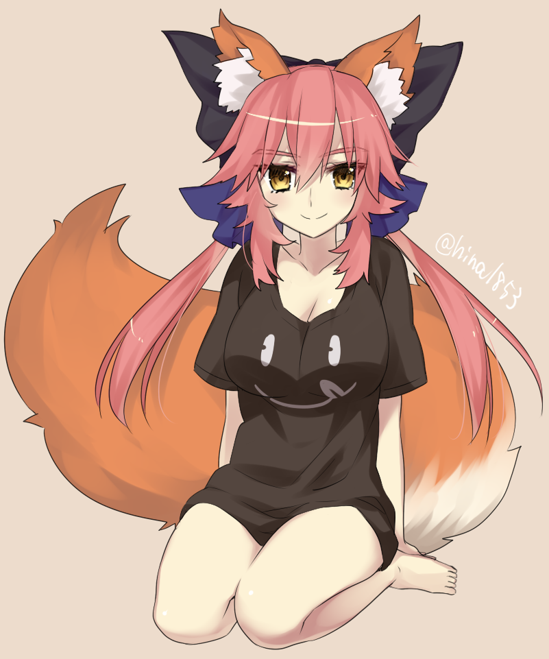 1girl, animal_ear_fluff, animal_ears, barefoot, black_shirt, blouse, blue_ribbon, blush
