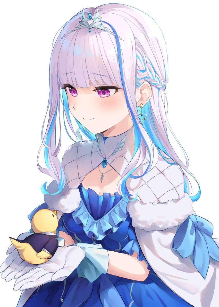 1girl, alternate_costume, alternate_hairstyle, animal, bird, blue_dress, blush, capelet