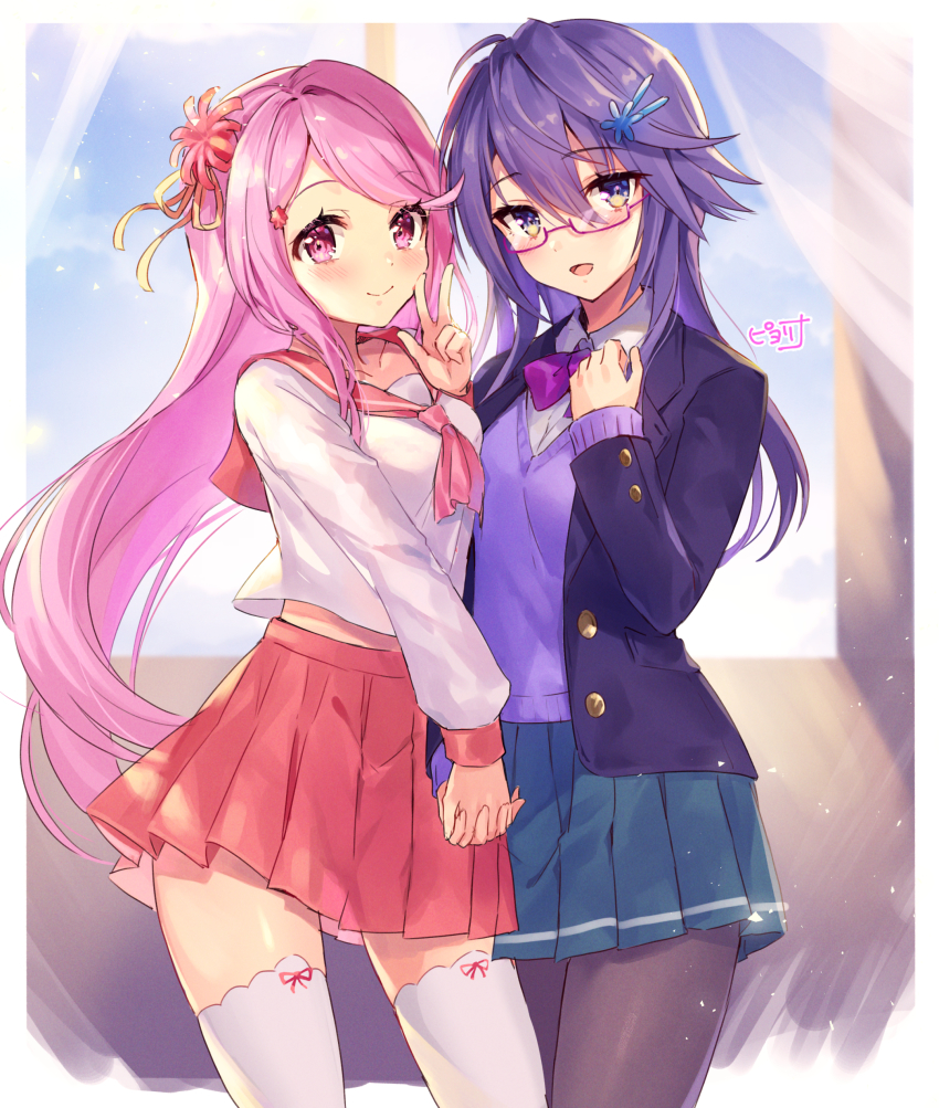 2girls, :d, absurdres, anemone_(flower_knight_girl), bespectacled, black_legwear, blue_skirt, blush