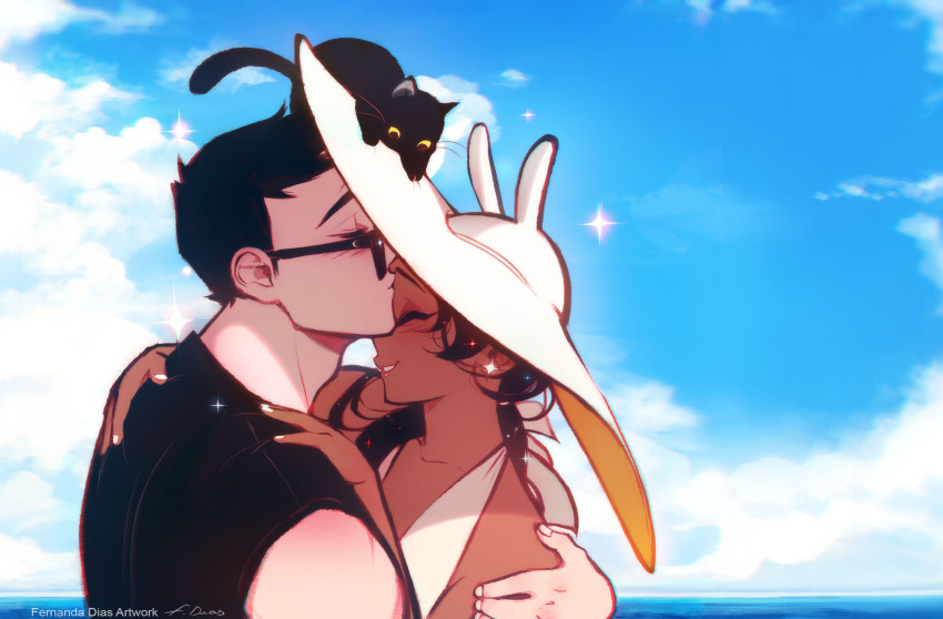 1boy, 1girl, animal, animal_hat, animal_on_head, black_cat, black_hair, blue_sky