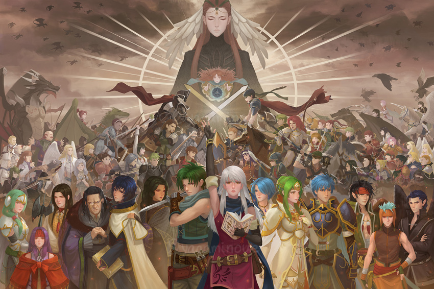 6+boys, 6+girls, almedha_(fire_emblem), aran_(fire_emblem), arm_up, armor, artist_name, ashera_(fire_emblem), astrid_(fire_emblem), axe, bare_shoulders, bastian_(fire_emblem), battle, bird, black_hair, black_knight_(fire_emblem), blue_hair, blue_scarf, book, boyd_(fire_emblem), breastplate, brom_(fire_emblem), brown_hair, calill_(fire_emblem), cape, closed_eyes, crossed_swords, devdan_(fire_emblem), dragon, edward_(fire_emblem), elbow_gloves, elincia_ridell_crimea, elincia_ridell_crimea_(undaunted_queen), everyone, fingerless_gloves, fiona_(fire_emblem), fire_emblem, fire_emblem:_radiant_dawn, full_armor, gatrie_(fire_emblem), gauntlets, geoffrey_(fire_emblem), gloves, green_hair, haar_(fire_emblem), heather_(fire_emblem), helmet, hetzel_(fire_emblem), holding, holding_book, holding_sword, holding_weapon, ike_(fire_emblem), ilyana_(fire_emblem), izuka_(fire_emblem), jill_(fire_emblem), kieran_(fire_emblem), kurthnaga_(fire_emblem), laguz_(fire_emblem), laura_(fire_emblem), leanne_(fire_emblem), lekain_(fire_emblem), leonardo_(fire_emblem), lethe_(fire_emblem), long_hair, lucia_(fire_emblem), makalov_(fire_emblem), marcia_(fire_emblem), meg_(fire_emblem), mia_(fire_emblem), micaiah_(fire_emblem), mist_(fire_emblem), mist_(radiant_dawn)_(fire_emblem), mordecai_(fire_emblem), muarim_(fire_emblem), multiple_boys, multiple_girls, naesala_(fire_emblem), nailah_(fire_emblem), nephenee_(fire_emblem), nintendo, nolan_(fire_emblem), oliver_(fire_emblem), orange_hair, oscar_(fire_emblem), pelleas_(fire_emblem), purple_hair, rafiel_(fire_emblem), ranulf_(fire_emblem), red_hair, reyson_(fire_emblem), rhys_(fire_emblem), rolf_(fire_emblem), sanaki_kirsch_altina, scarf, sephiran_(fire_emblem), shinon_(fire_emblem), shoulder_armor, sigrun_(fire_emblem), silver_hair, soren_(fire_emblem), sothe_(fire_emblem), stefan_(fire_emblem), sword, tanith_(fire_emblem), tauroneo_(fire_emblem), tibarn_(fire_emblem), titania_(fire_emblem), tormod_(fire_emblem), volke_(fire_emblem), watermark, weapon, yagaminoue, yellow_eyes, yune_(fire_emblem), zihark_(fire_emblem)