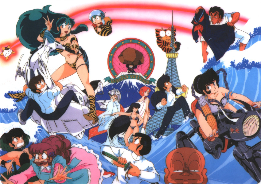 1980s_(style), 5boys, 6+girls, aqua_hair, armlet, bald, benten_(urusei_yatsura), bikini