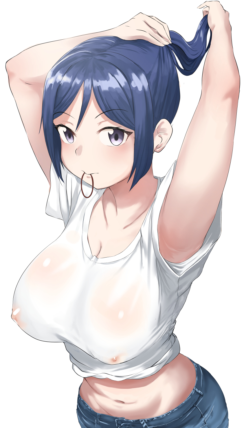 1girl, absurdres, arm_over_head, armpits, arms_behind_head, artist_name, artist_request, blue_hair, blue_pants, blush, breasts, cleavage, clothes_lift, collarbone, denim, female_focus, fixing_hair, hair_between_eyes, hair_tie_in_mouth, hands_over_head, highres, holding, holding_own_hair, jeans, kiru_(bsesso), large_breasts, long_hair, looking_at_viewer, love_live!, love_live!_sunshine!!, matsuura_kanan, midriff, mouth_hold, navel, no_bra, no_panties, pants, parted_bangs, parted_lips, ponytail, purple_eyes, see-through_clothes, shirt, shirt_lift, simple_background, smile, solo, t-shirt, tying_hair, wet, wet_clothes, white_background, white_shirt
