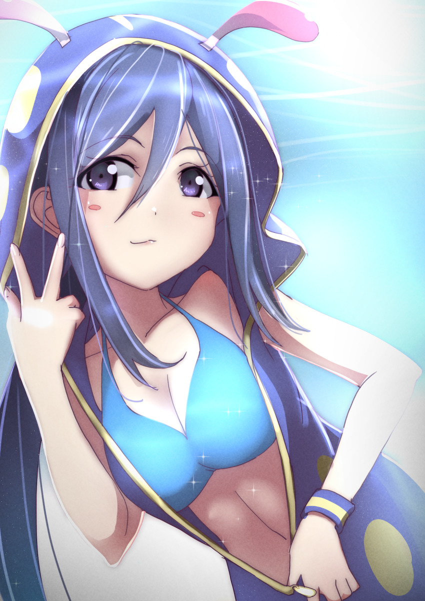 1girl, ajapar, ajapar_(pixiv361359), animal_ears, animal_hood, aqua_bikini, artist_name, artist_request, bikini, blue_bikini, blue_hair, blue_sky, blush, breasts, cleavage, cloud, day, female_focus, hair_between_eyes, highres, hood, hood_up, hooded_jacket, jacket, long_hair, looking_at_viewer, love_live!, love_live!_school_idol_festival, love_live!_sunshine!!, matsuura_kanan, medium_breasts, outdoors, parted_lips, ponytail, purple_eyes, sky, smile, solo, sparkle, swimsuit, v, wristband, zipper_pull_tab