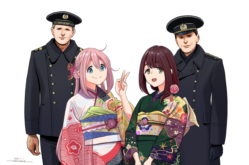 2boys, 2girls, alternate_hairstyle, artist_name, black_coat, black_gloves, black_headwear, black_jacket