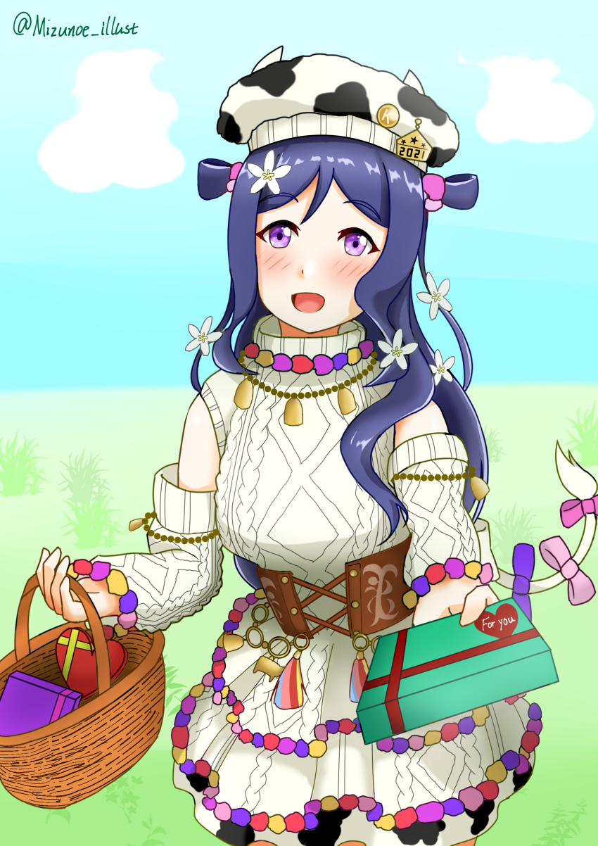 1girl, absurdres, alternate_hairstyle, animal_print, artist_name, artist_request, back_bow, bare_shoulders