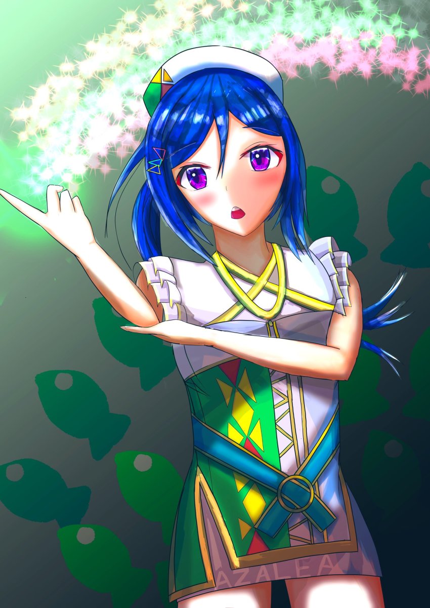 1girl, alternate_hairstyle, amazing_travel_dna, aqua_belt, artist_name, artist_request, bare_shoulders, belt