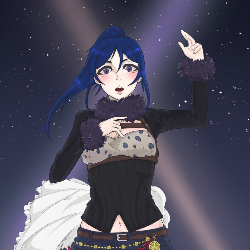 1girl, animal_print, artist_name, artist_request, belt, black_shirt, blue_hair, blue_pants