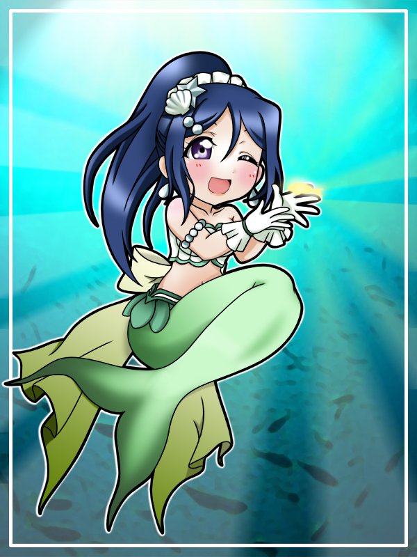 1girl, artist_name, artist_request, back_bow, bare_shoulders, blue_hair, blush, bow, breasts, chibi, cleavage, collarbone, dress, earrings, female_focus, fish, floating_earrings, frilled_dress, frilled_shirt, frilled_shirt_collar, frills, gloves, green_bow, hair_between_eyes, hair_bobbles, hair_ornament, hair_scrunchie, jewelry, koi_ni_naritai_aquarium, long_hair, looking_at_viewer, love_live!, love_live!_sunshine!!, matsuura_kanan, mermaid, monster_girl, one_eye_closed, parted_lips, ponytail, purple_eyes, scrunchie, shell, shell_hair_ornament, shirt, small_breasts, smile, solo, star_(symbol), star_hair_ornament, striped_bow, underwater, white_gloves, white_scrunchie, white_shirt, white_wrist_cuffs, wrist_cuffs, yellow_bow, yuunaduse