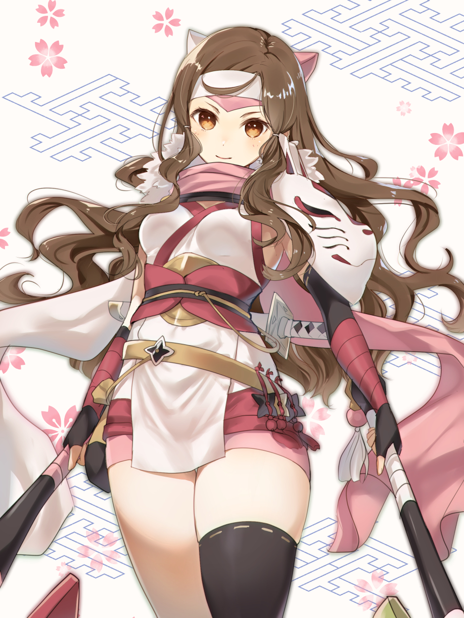 1girl, black_thighhighs, blush, brown_eyes, brown_hair, commentary_request, fire_emblem, fire_emblem_fates, gloves, hana_(fire_emblem), hana_(ninja)_(fire_emblem), haru_(nakajou-28), headband, highres, holding, holding_weapon, japanese_clothes, katana, long_hair, nintendo, obi, pink_scarf, sash, scarf, shuriken, single_thighhigh, smile, sword, thick_thighs, thighhighs, thighs, weapon