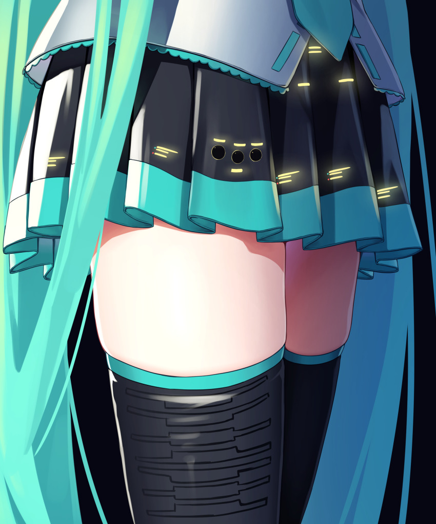 1girl, absurdres, aqua_hair, aqua_necktie, black_background, black_skirt, black_thighhighs, blouse