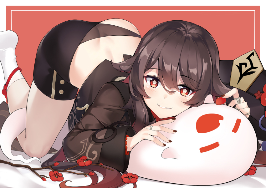 1girl, all_fours, ass, bead_bracelet, beads, black_hat, black_nails, black_panties, black_shirt, black_shorts, boo_tao_(genshin_impact), bracelet, branch, brown_hair, chinese_clothes, eyeshadow, flower, genshin_impact, ghost, gradient_hair, grin, hair_between_eyes, hair_flaps, hat, hu_tao_(genshin_impact), jewelry, long_hair, long_sleeves, looking_at_viewer, makeup, midriff, multicolored_hair, nail_polish, panties, petals, plum_blossoms, red_eyes, red_flower, ring, shirt, short_shorts, shorts, skindentation, smile, socks, solo, star-shaped_pupils, star_(symbol), symbol-shaped_pupils, thighs, top-down_bottom-up, twintails, underwear, unworn_hat, unworn_headwear, white_socks, wide_sleeves, yukinoshita_(shaonjishi)